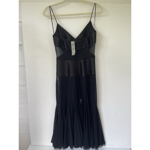 Cache Black Mesh Cocktail Dress Size 8 NWT – Pleated Bodice Spaghetti Strap Midi - Picture 3 of 7